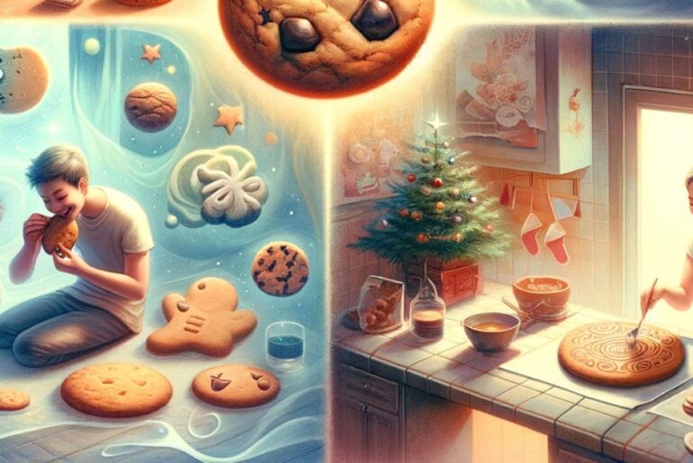 a person dreaming cookies floating in a dreamy, colorful cloud.