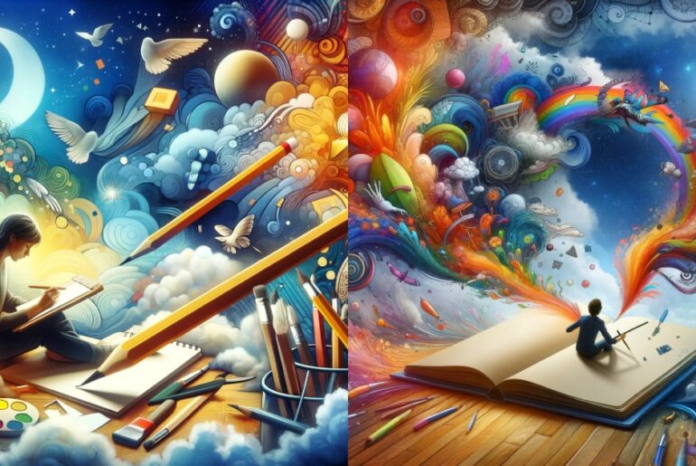 a person immersed in drawing during a dream, symbolizing creativity and self-expression in the subconscious.