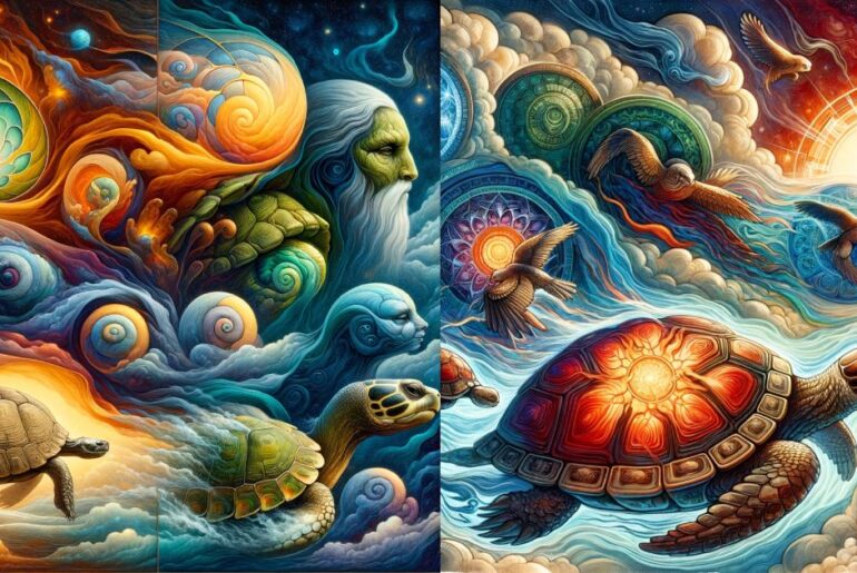 A dreamer surrounded by turtles, symbolizing patience and longevity in dreams.