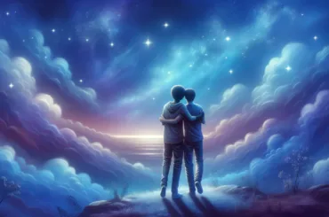 A serene dreamscape featuring two brothers embracing under a starry night sky.