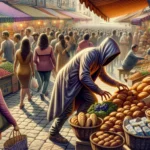 A person stealthily taking a loaf of bread from a bustling market.