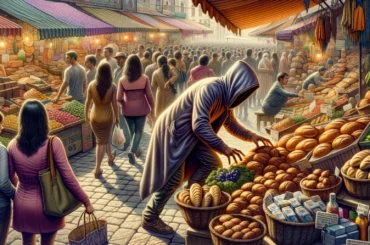 A person stealthily taking a loaf of bread from a bustling market.