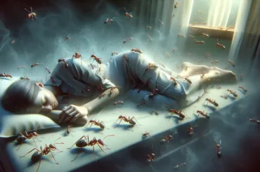 A dream scene featuring ants crawling on a person