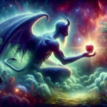 A dreamscape featuring a devilish figure offering an apple in a garden filled with glowing, ethereal light