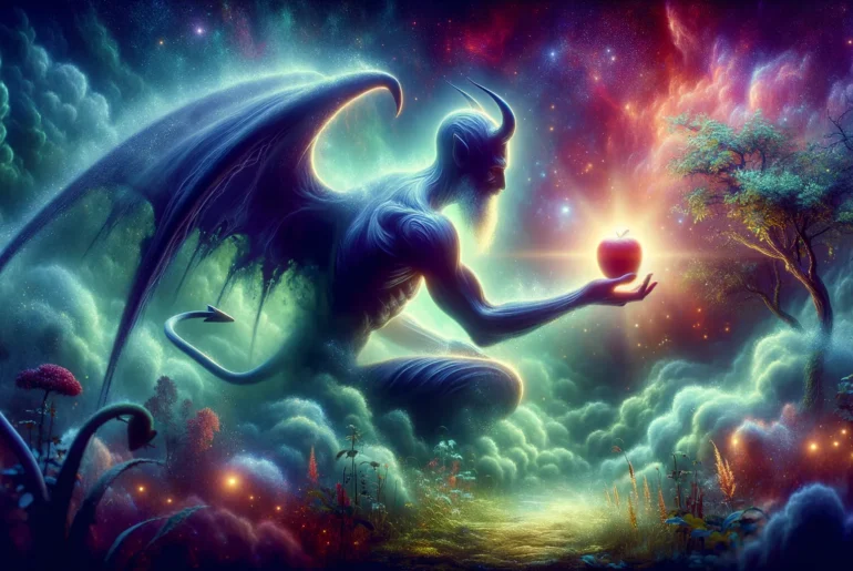 A dreamscape featuring a devilish figure offering an apple in a garden filled with glowing, ethereal light