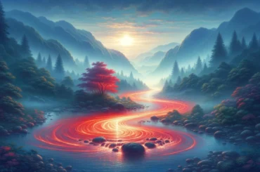 A serene landscape with a river of softly glowing red water, symbolizing the flow of life and renewal.