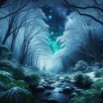 A serene snowfall at night in a peaceful forest