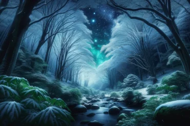 A serene snowfall at night in a peaceful forest