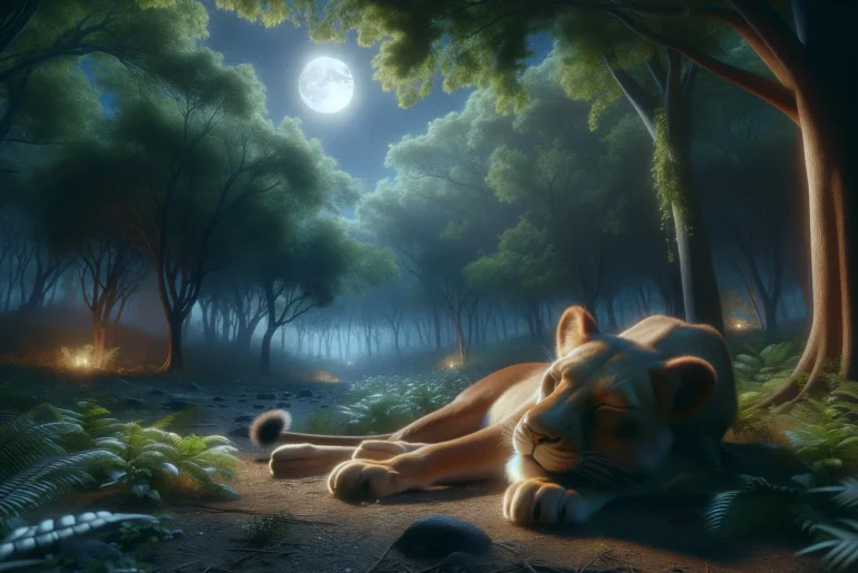 A lioness lying calmly in a serene, moonlit forest.