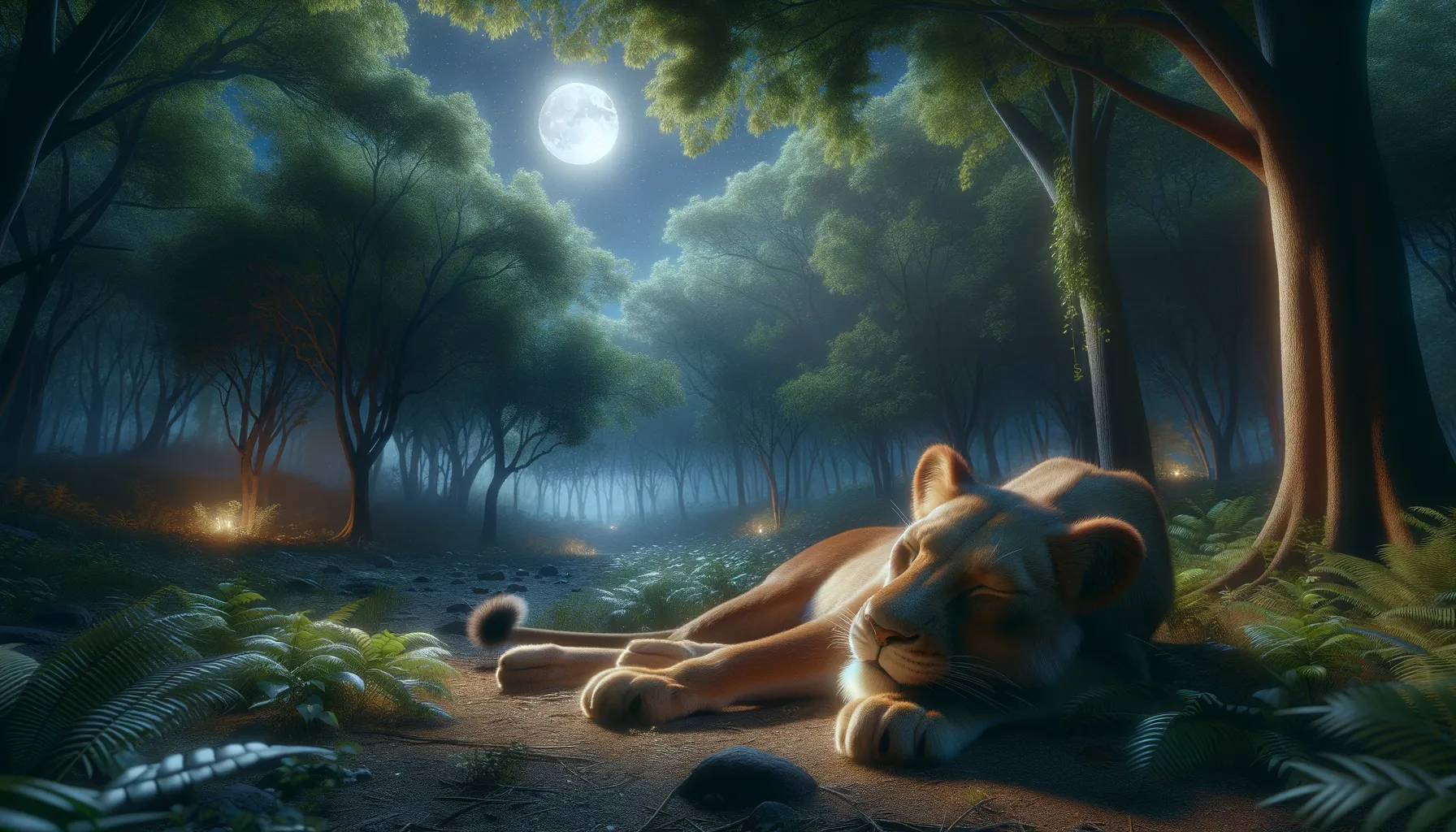 Dreaming About a Lioness: Complete Guide to Understanding A lioness lying calmly in a serene, moonlit forest.