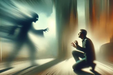 A person in a dream sequence being stabbed by a shadowy figure.