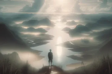 A person standing on a hilltop, looking down at a flooded valley