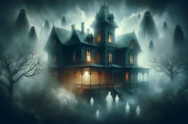 A misty, old Victorian house with faint ghostly figures around