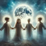 Three ethereal children holding hands under a full moon