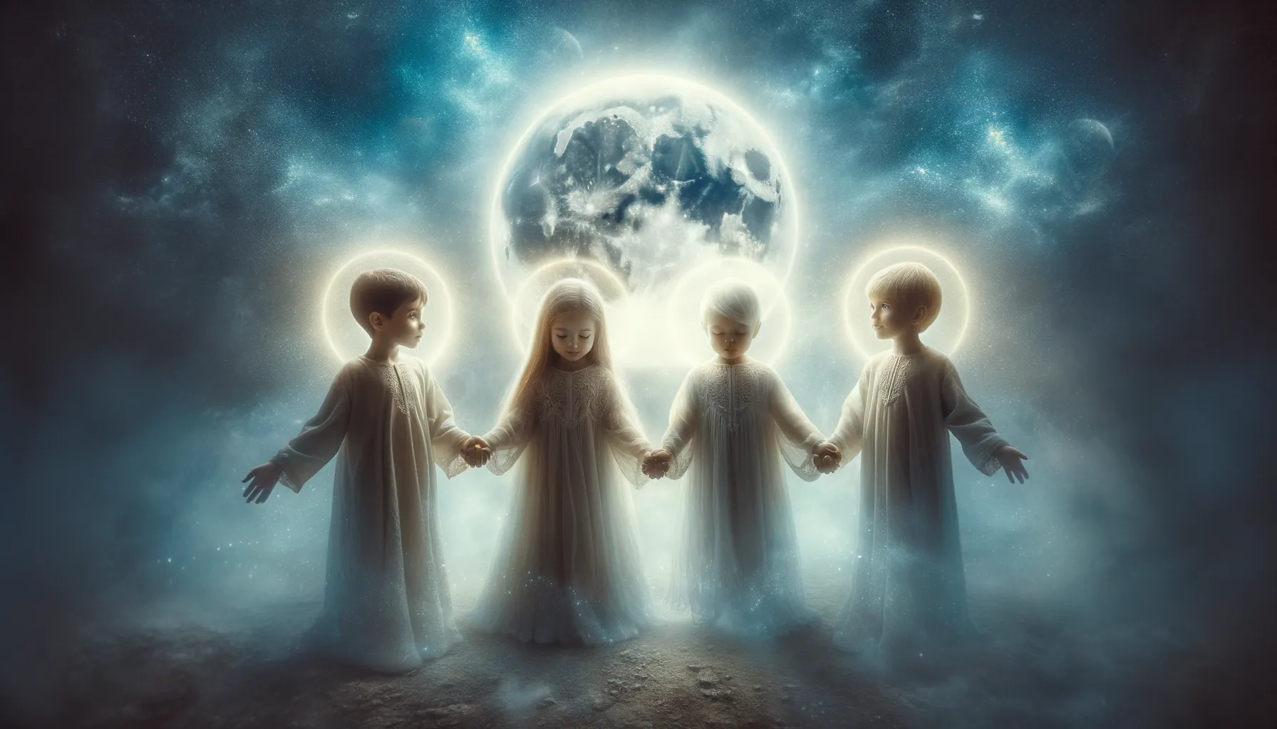Dream About Triplets Three ethereal children holding hands under a full moon